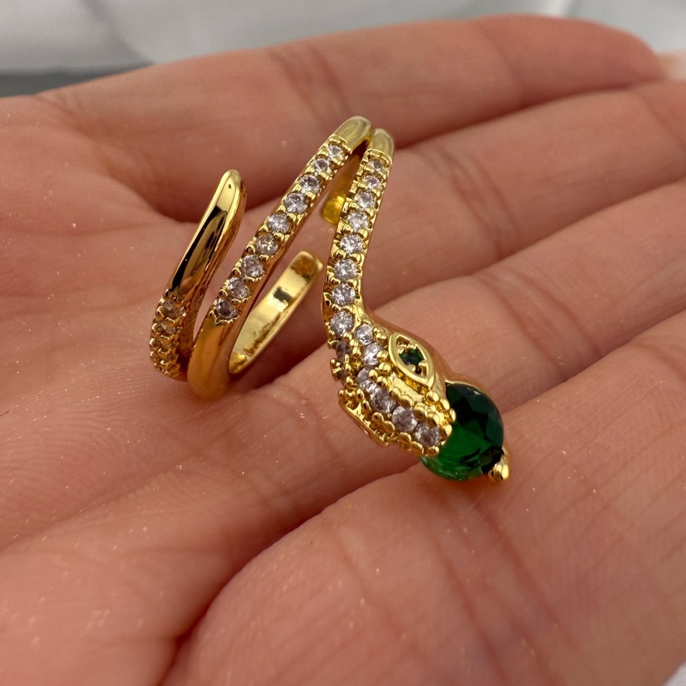 Gold Snake Ring with Green Stone and Pavé Crystals - Picture 5 of 11